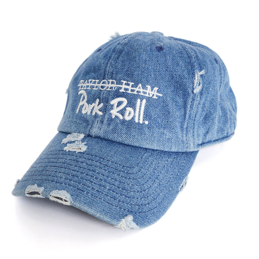 Contant Avenue denim blue distressed baseball cap with white Taylor Ham Pork Roll embroidery design
